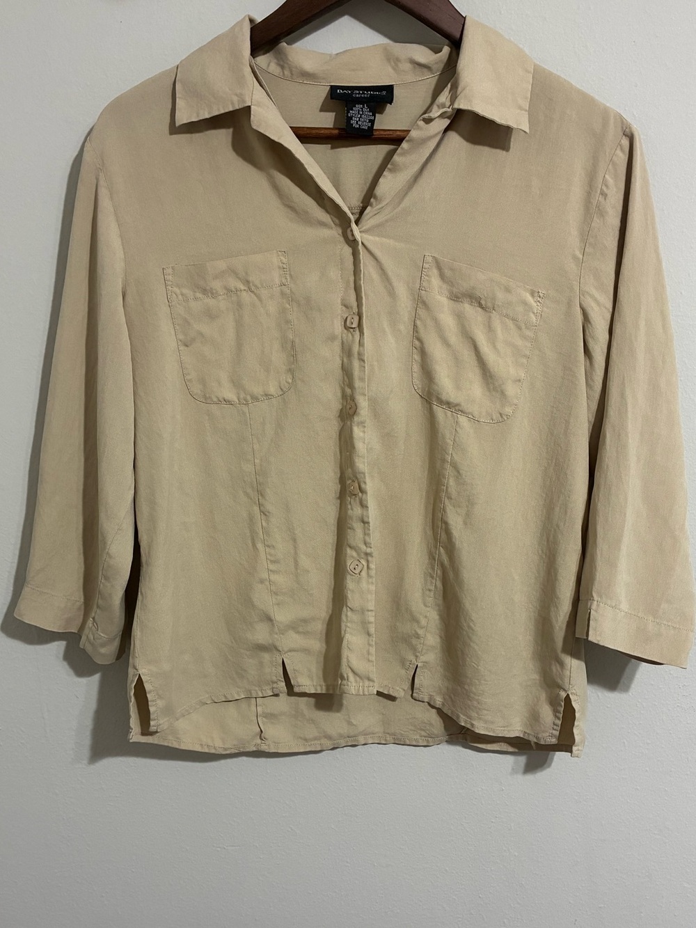 Bay Studio 100% Silk Button Front Blouse Beige Neutral Career Top Size Large
